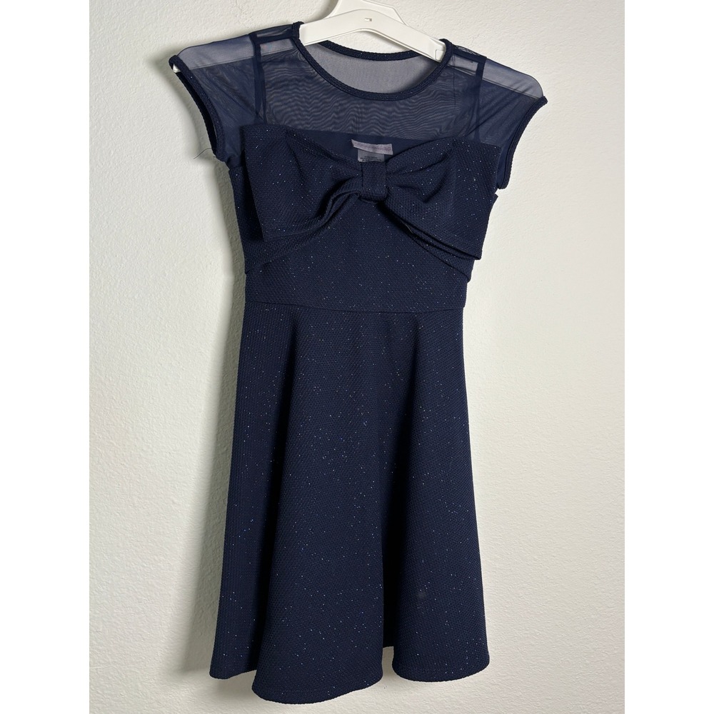 Bonnie Jean Girls Navy Blue Glitter Bow Mesh‎ Party Dress Size 10 X4-11979-DS